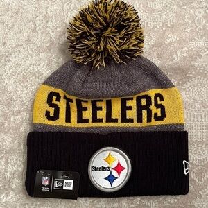 Brand New Pittsburgh Steelers New Era Knit Beanie Pom Hat Winter Black Gray NFL